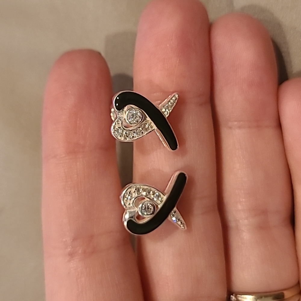 Sterling silver cubic zirconia heart black ribbon design earrings - Picture 2 of 8